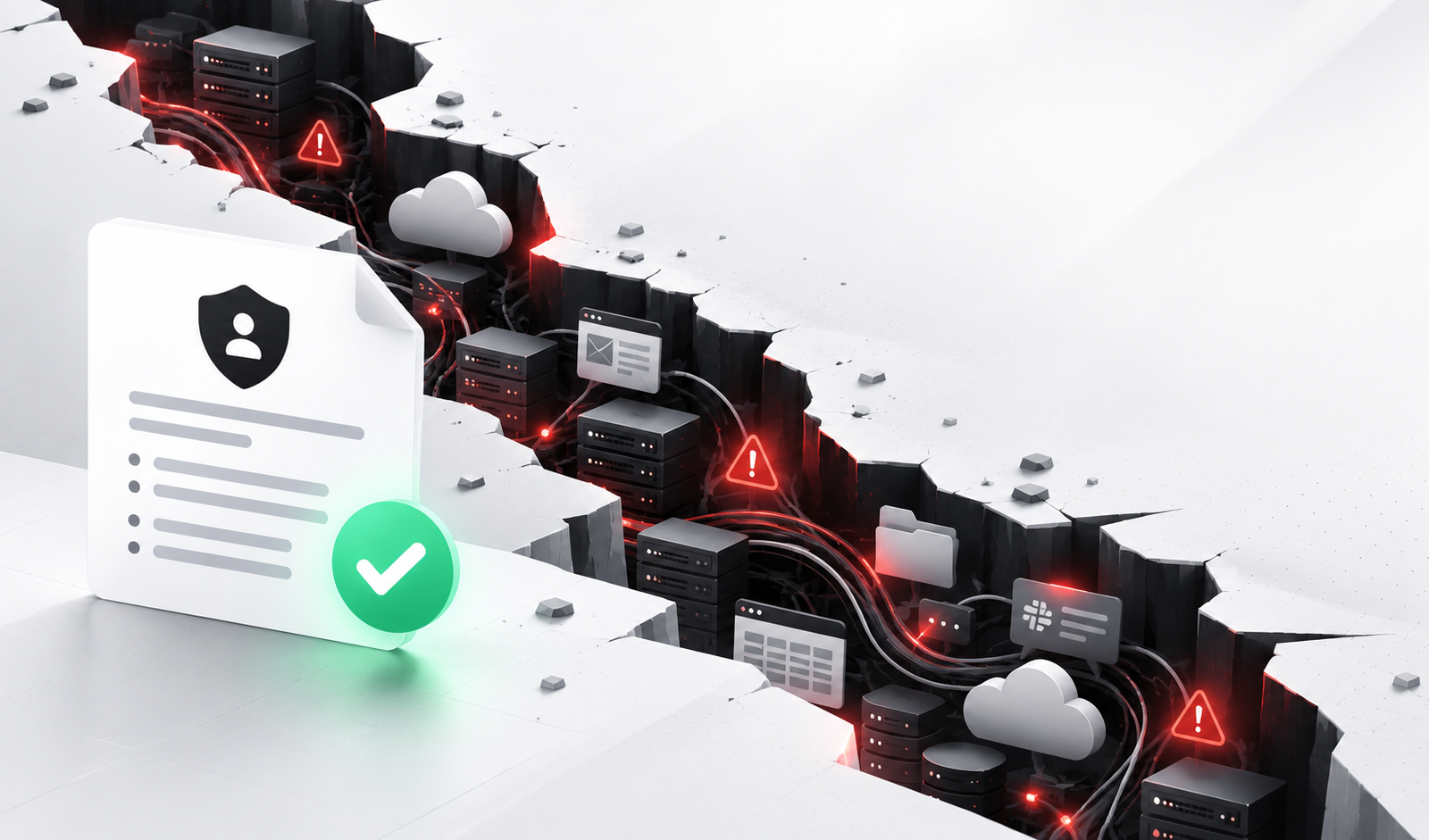 A privacy policy document with a green checkmark sits above a dark digital chasm filled with hidden data streams, servers, cloud storage, and red warning symbols.