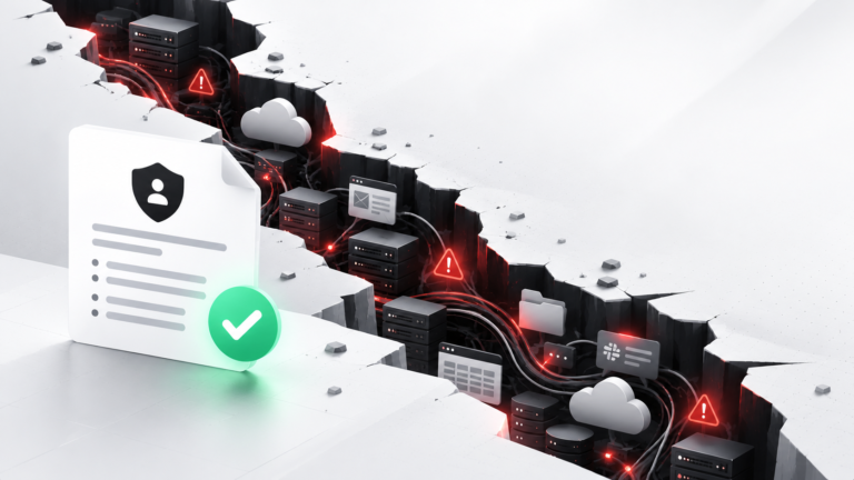 A privacy policy document with a green checkmark sits above a dark digital chasm filled with hidden data streams, servers, cloud storage, and red warning symbols.