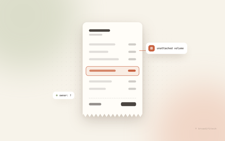 Illustration of a cloud bill receipt with one highlighted line labeled unattached volume and a small owner question tag