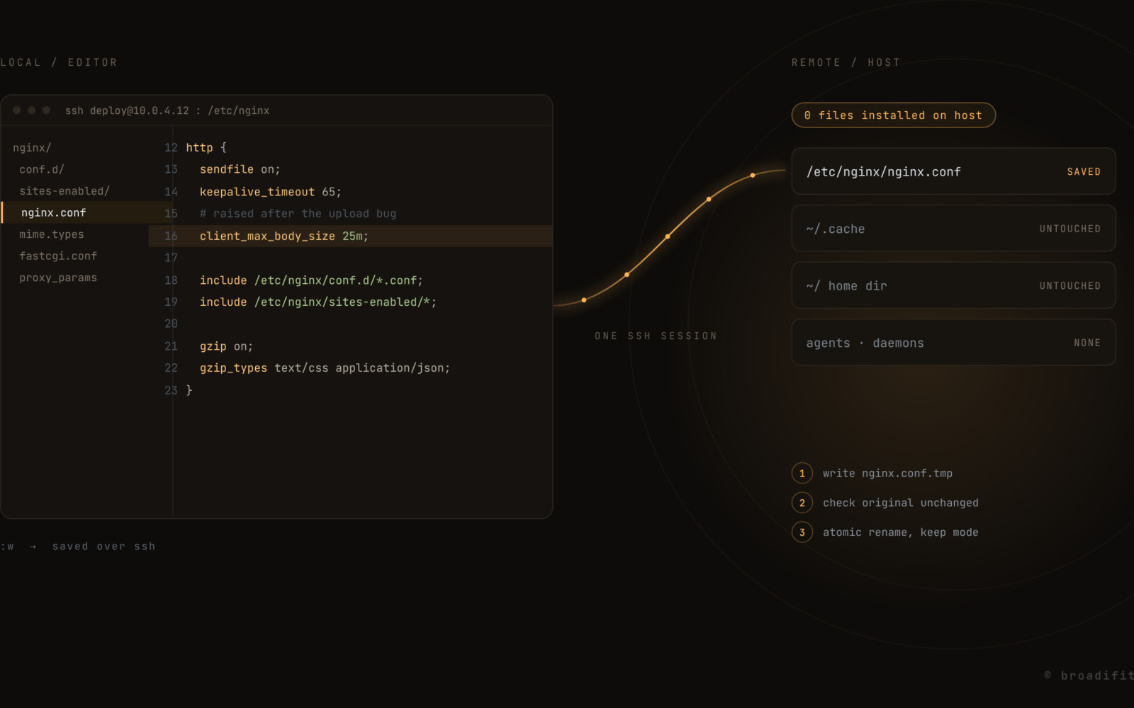 A local editor connected to a remote server over a single SSH session, saving nginx.conf with a temp file and atomic rename while the server home directory stays untouched