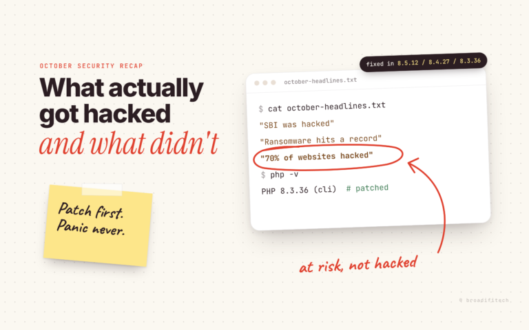 Code card listing October security headlines with "70% of websites hacked" circled in red and a handwritten note saying at risk, not hacked